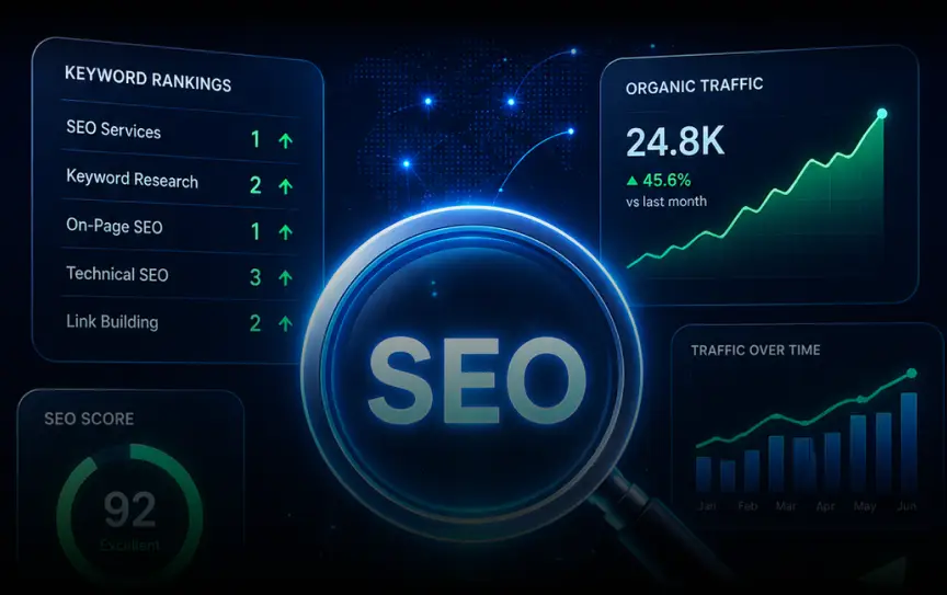 GEO Ranq AI Digital dashboard displaying SEO metrics, including keyword rankings, organic traffic growth, SEO score, and traffic trends, with a magnifying glass highlighting "SEO" at the center. SEO Services