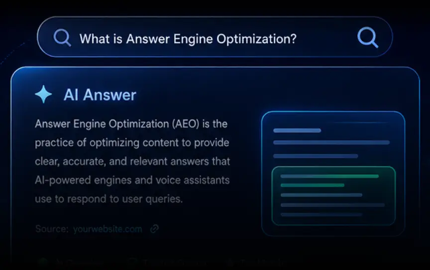 GEO Ranq AI A computer screen displays a search for "What is Answer Engine Optimization?" with a highlighted explanation of Answer Engine Optimization (AEO) and its use by AI-powered engines. SEO Services