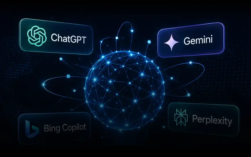 GEO Ranq AI A digital globe with network lines surrounded by logos for ChatGPT, Gemini, Bing Copilot, and Perplexity on a dark background. SEO Services