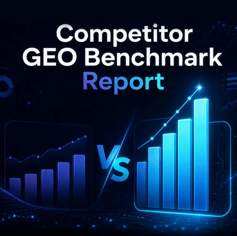 GEO Ranq AI Text reading “Competitor GEO Benchmark Report” above blue bar graphs and line charts, with “VS” in the center, on a dark background with digital graph elements. SEO Services