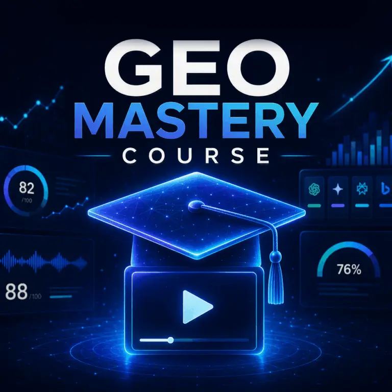 GEO Ranq AI Dark-themed graphic with “Geo Mastery Course” text, a glowing graduation cap, a play button, charts, and circular progress indicators displaying percentages and scores in the background. SEO Services