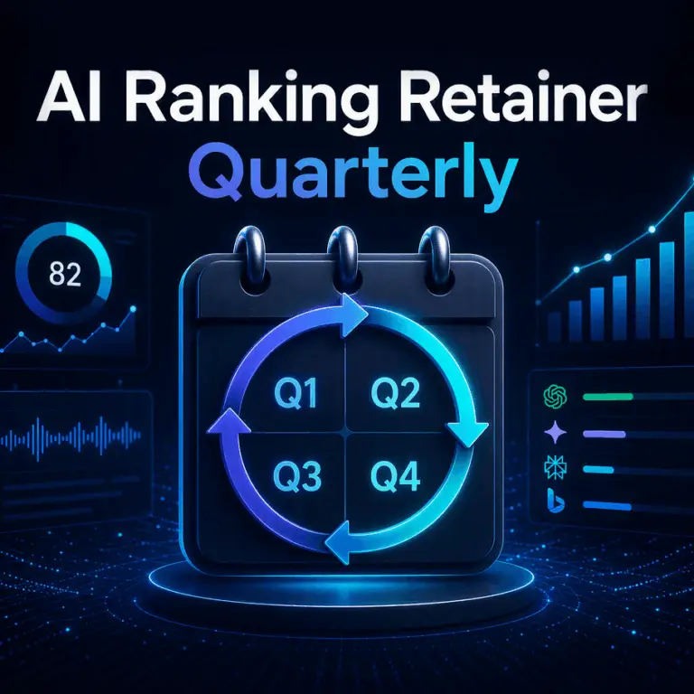 GEO Ranq AI Digital image with a stylized calendar showing Q1–Q4 and an arrow cycle, surrounded by data graphics. Text: “AI Ranking Retainer Quarterly.”. SEO Services