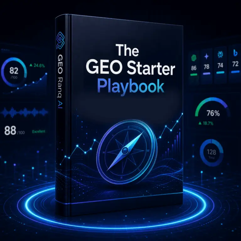 GEO Ranq AI A book titled “The GEO Starter Playbook” stands upright, surrounded by digital charts, graphs, and percentage displays on a dark background. SEO Services