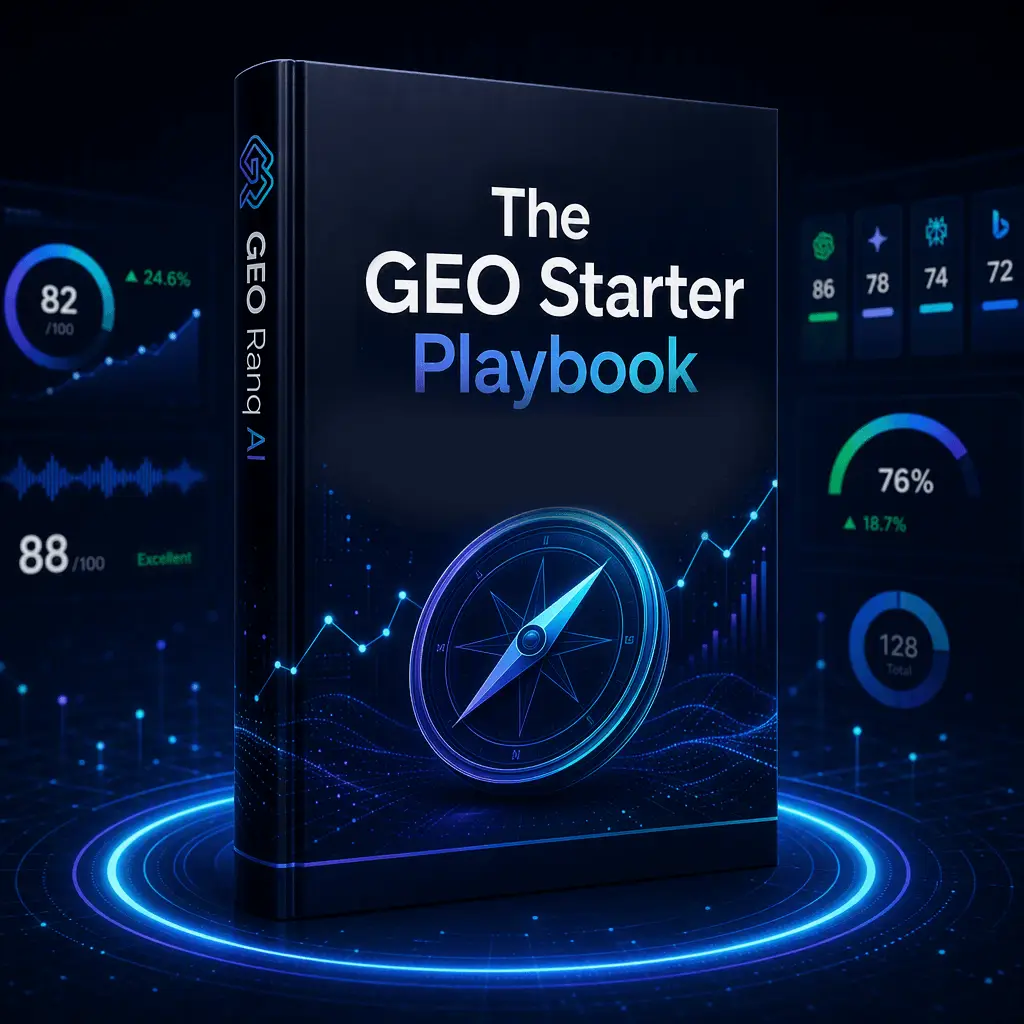 GEO Ranq AI A book titled “The GEO Starter Playbook” stands upright, surrounded by digital charts, graphs, and percentage displays on a dark background. SEO Services