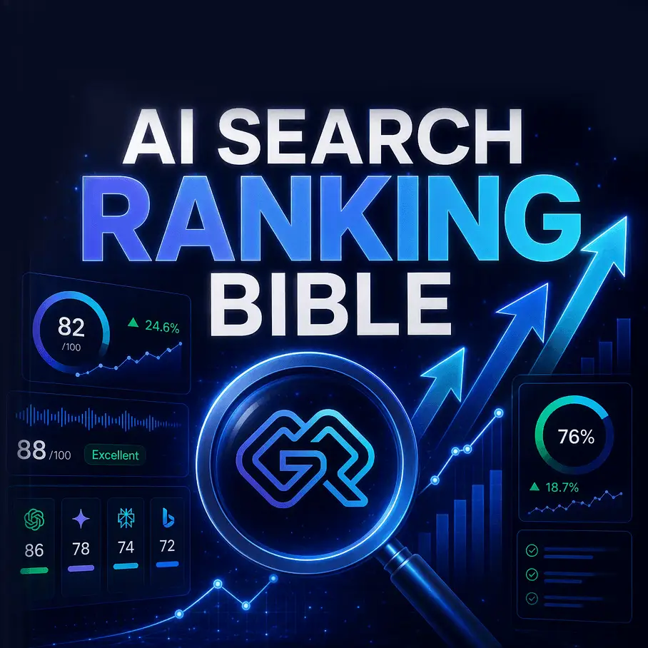 GEO Ranq AI A digital graphic with “AI Search Ranking Bible” text, charts, upward arrows, score meters, and a magnifying glass over a stylized logo. SEO Services