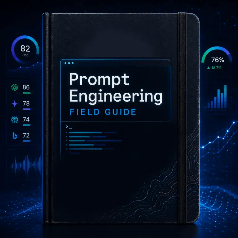 GEO Ranq AI A closed black notebook titled “Prompt Engineering Field Guide” is displayed, surrounded by digital charts and performance statistics. SEO Services