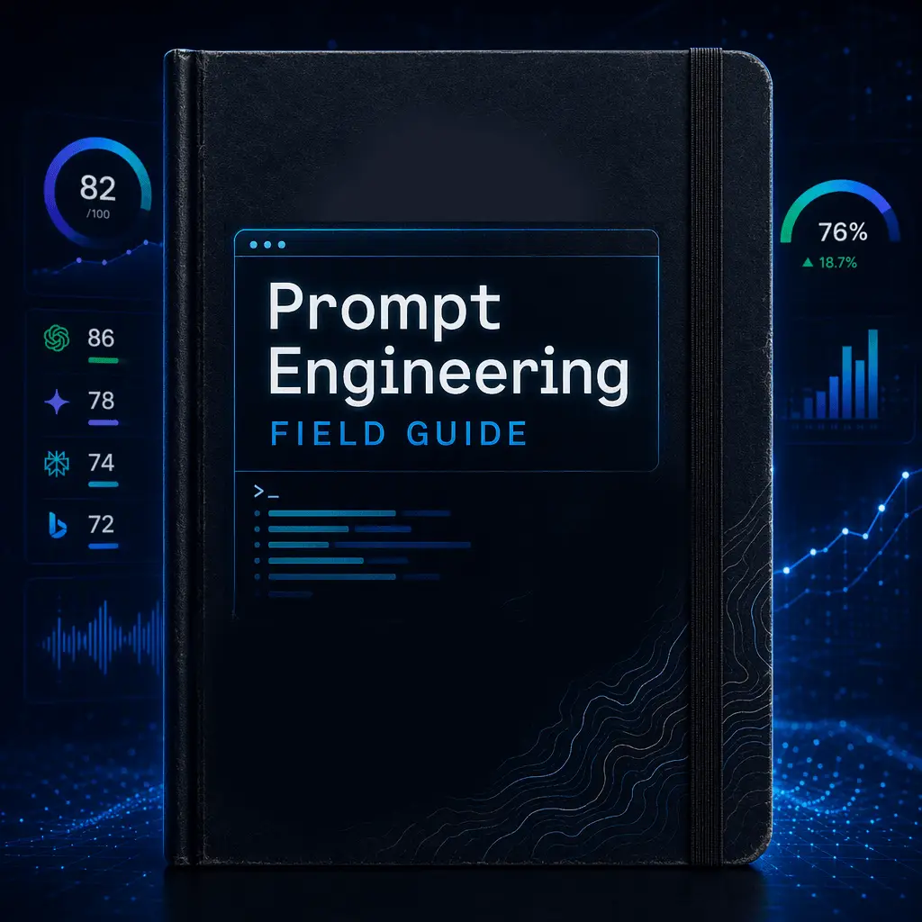 GEO Ranq AI A closed black notebook titled “Prompt Engineering Field Guide” is displayed, surrounded by digital charts and performance statistics. SEO Services