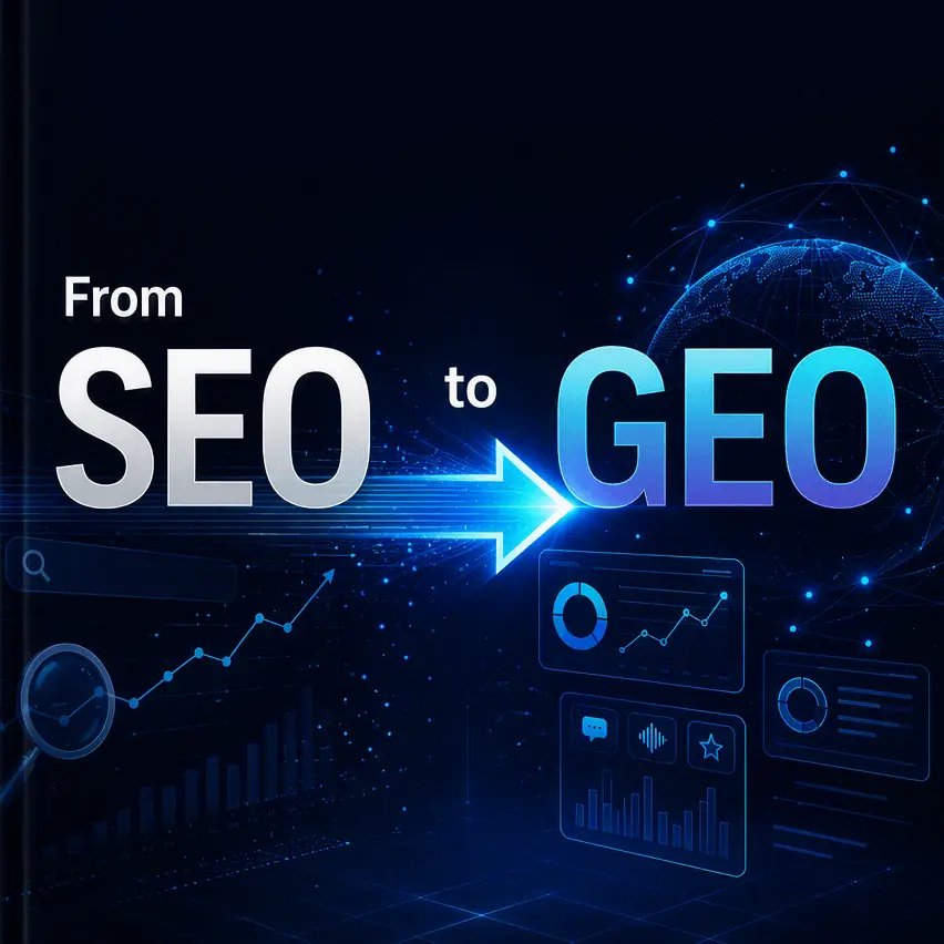 GEO Ranq AI Text reads “From SEO to GEO” with charts, data graphics, and a digital globe on a dark background. An arrow points from “SEO” to “GEO.”. SEO Services