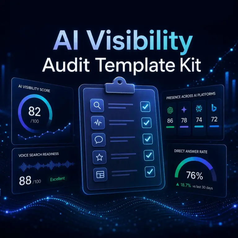 GEO Ranq AI A digital graphic titled “AI Visibility Audit Template Kit” shows charts, a checklist on a clipboard, and scores for visibility, platform presence, search readiness, and direct answer rate. SEO Services