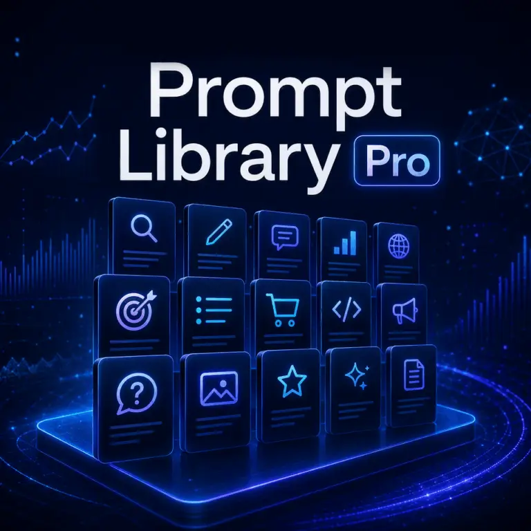 GEO Ranq AI A digital graphic showing “Prompt Library Pro” with glowing icons representing various functions on a dark, tech-themed background. SEO Services