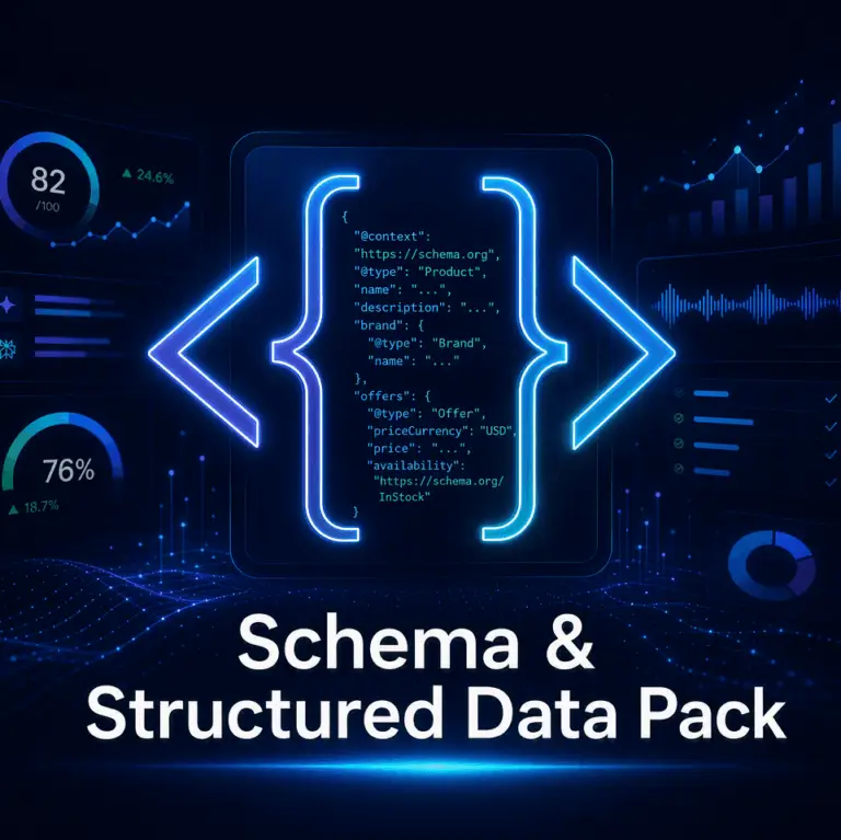 GEO Ranq AI Digital graphic showing code for schema.org product data, performance charts, and the text “Schema & Structured Data Pack” on a dark background. SEO Services