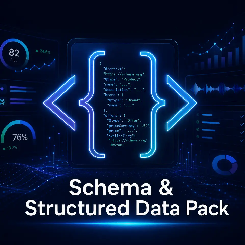 GEO Ranq AI Digital graphic showing code for schema.org product data, performance charts, and the text “Schema & Structured Data Pack” on a dark background. SEO Services